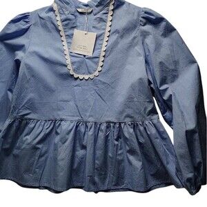 Cicy Bell Blouse Womens Size M Blue Peplum Scalloped Trim Long Sleeve